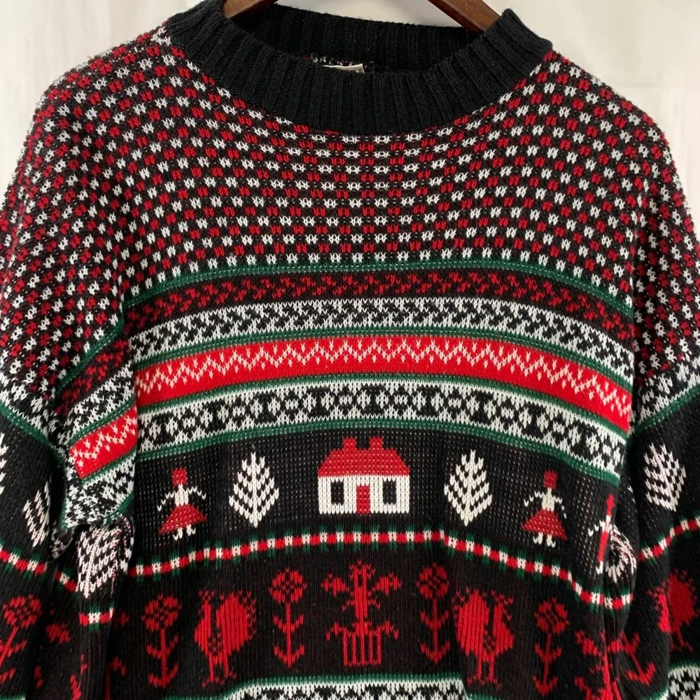 VTG Huntington Ridge Sweater Mens L Black Red Nordic Folk Art Novelty Knit USA - Picture 2 of 12